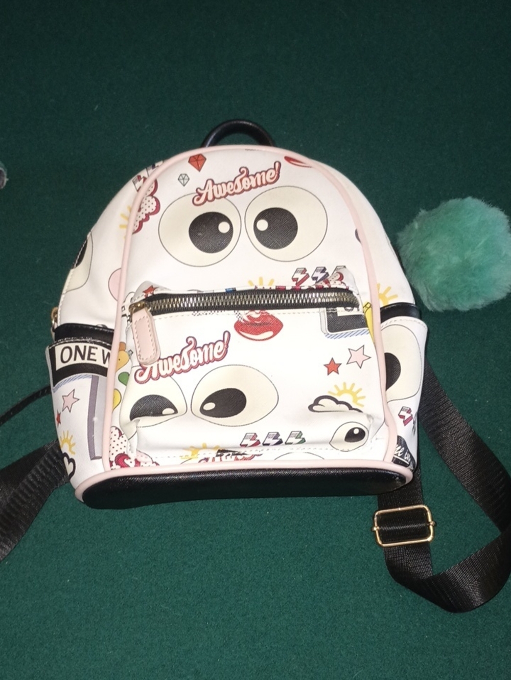 Kids White Emoji Print Mini Backpack with Teal Pom